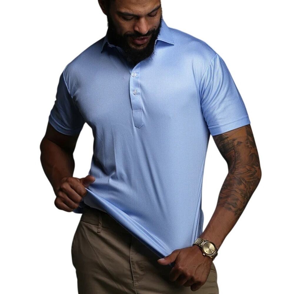 COLLARS & CO Mens Semi Spread Button Collar Polo Blue Houndstooth NWT Large
